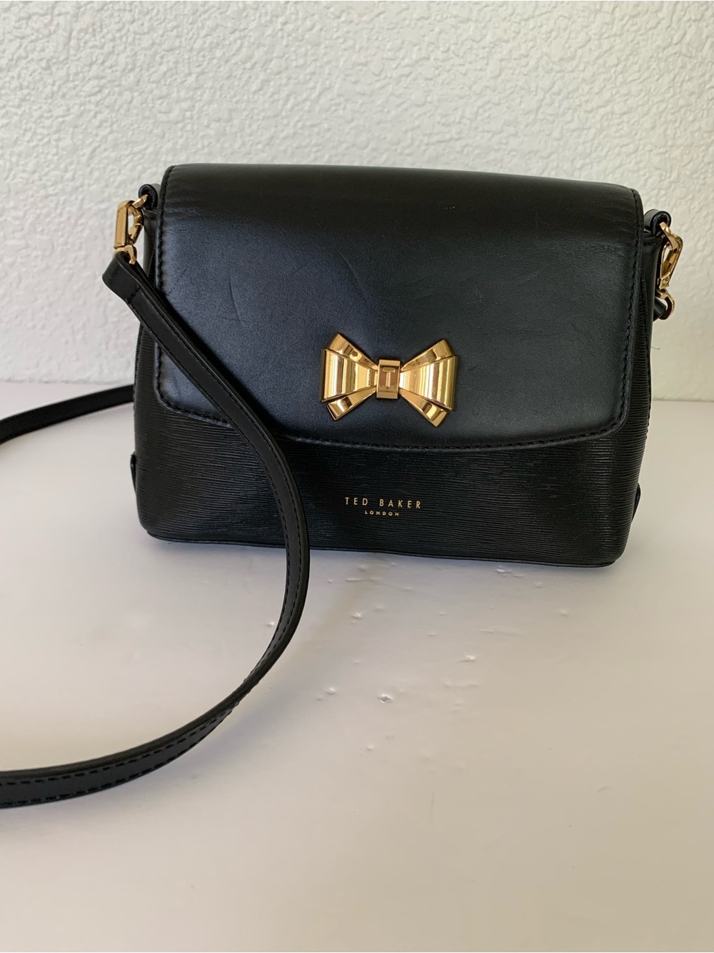Ted Baker Black Leather Crossbody Shoulder Bag with Gold Bow Accent